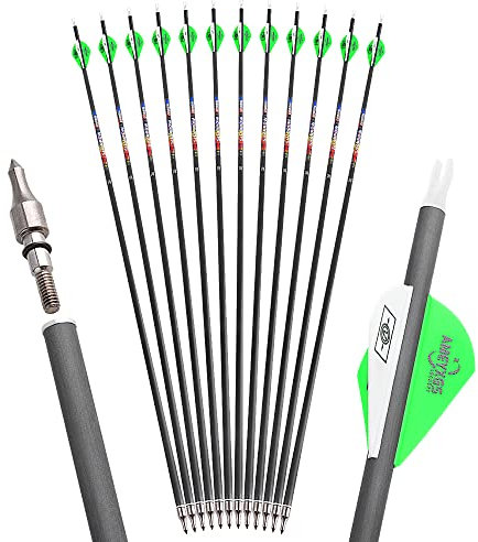 32 Zoll Carbonpfeile für Bogenschießen 12/6 pcs Pfeile Carbon mit 2 Zoll Gummifeder und Austauschbare Metall Pfeilespitze spine 250/300/350/400/500/600 Bogenpfeile für Bogenschießen (12pcs, spine 350)