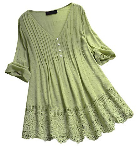 Chemisier Femme Dentelle Chic Sexy Chemise en Coton Lin à Manche 3/4 Décontracté Blouse Ample à Col V Tunique Printemps Eté Top Hauts Couleur Unie Lâche Respirant T-Shirts