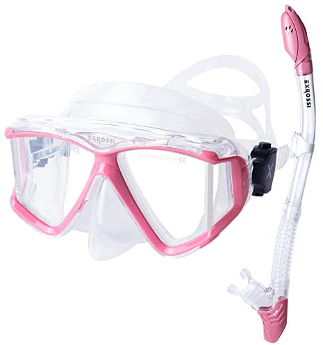 Dry Top Schnorchelset, Anti Fog Tempered Brille Taucherbrille mit Schnorchel, Professionelle Pano 4 Fenster Erwachsene Schnorchelausrüstung für Schwimmen Tauchen Scuba