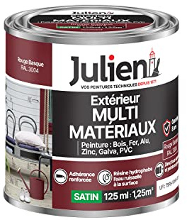 Julien Peinture Multi-Matériaux Satin en phase Aqueuse - Bois, Fer, Alu, PVC, Zinc, Acier galvanisé, brut ou peint - Rouge Basque 0,125 L
