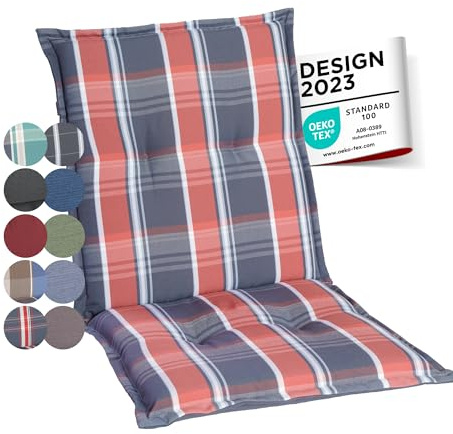gardisun Gartenstuhlauflagen Niedriglehner I Extra Dicke Sitzauflagen I Made in Europe I Stuhlauflagen für Niederlehner Gartenstuhl I Auflagen mit extra hohem Komfort I 2er Set I Grau-Orange-Kariert