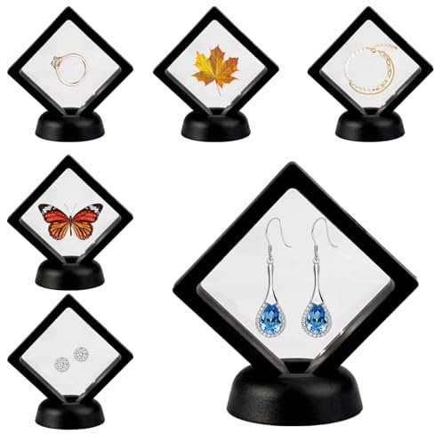 6 pièces 3D cadre flottant,Cadre transparent pour pièces de monnaie,Présentoir à bijoux noir,Vitrine flottante avec base,Présentoir à pièces de monnaie,Support Cadre flottant présentoir pour colliers