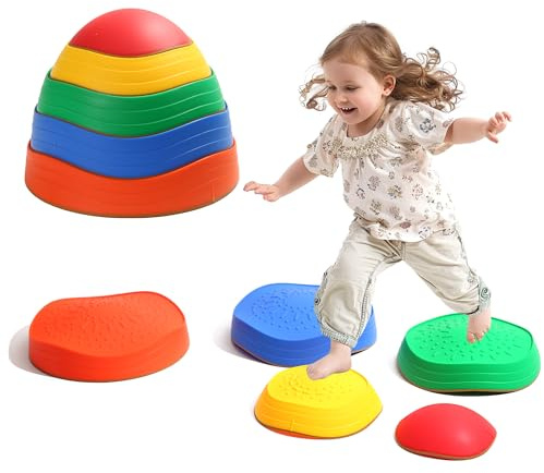 Domaxarts Balance Stepping Stones for Kids, 5pcs Sensory Stepping Stones Outdoor, Indoor & Outdoor Obstacle Course Play Equipment, Enhances Toddler Gross Motor & Coordination Skills, Ages 3 4 5 6 7 8+