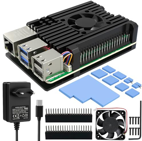 Miuzei Carcasa para Raspberry Pi 5 con Cargador 5.1V 5A 27W,Metal Disipador de calor para Raspberry Pi 5 4GB 8GB con Ventilador,Aluminio Refrigerador Capa Funda Arcasa Estuche Caja para Raspberry Pi 5
