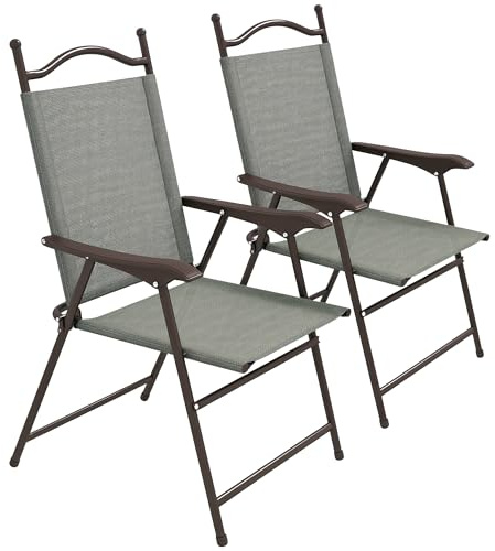 Outsunny Folding Chairs Set of 2, Garden Chair with Armrest, Breathable Mesh Fabric Seat, Camping Sports Chairs for Adults, Dark Grey