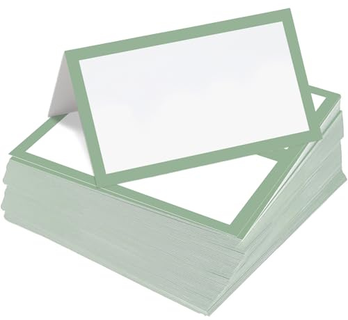 Whaline 100Pcs Sage Green Place Cards 3.5 x 2 Inch White Blank Tented Cards Wedding Seating Cards for Party Table Setting Supplies