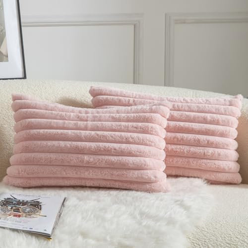 Mandioo 2er Set Kissenbezug gestreiftes Künstlich Pelz Superweich Kissen Flauschig Modern Kissenhülle Deko Sofa Wohnzimmer Schlafzimmer Kissenbezüge 30 x 50 cm Rosa