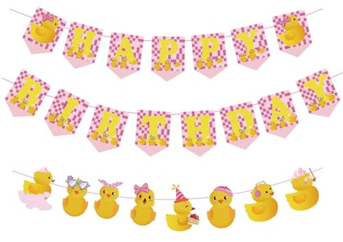 Finypa 25 piezas de decoración de fiesta de cumpleaños de pato rosa, pancarta de feliz cumpleaños para niñas, fiesta de cumpleaños, baby shower, revelación de género, suministros de fiesta temática de