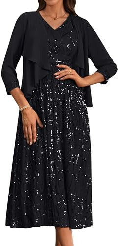 Damen Elegant Chiffon Abendkleid V-Ausschnitt Maxiang Formell Zweiteiliger Cocktailkleid Glitzende Hochzeitkleid Brautjungfer Herbst Winter Kleid Schwarz 44