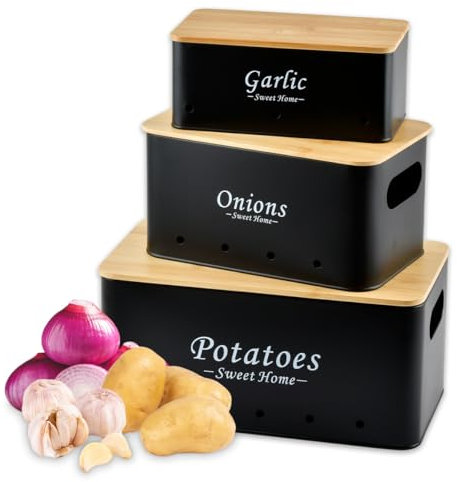 USENG Lot de 3 Boite Pomme de Terre Oignon Ail,Rangement Pomme de Terre avec Couvercle en Bois,Boîte de Rangement Boite Oignon Boite Ail,Boite Rangement Cuisine Boîte de Conservation Pomme de Terre