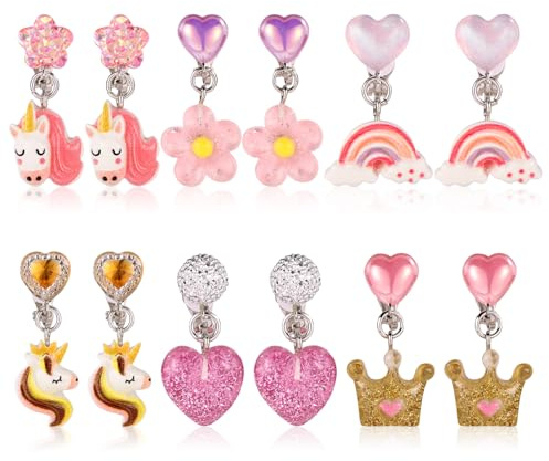 Lot de 6 Paires de Boucles d'Oreilles Pendantes à Clipser, Colorées Non Percées avec Couronne de Licorne Arc-En-Ciel Fleur Cœur pour Habiller des Princesses Accessoires de Bijoux