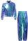 Miaeowve Kinder Mädchen Sportbekleidung Set Metallic Sportjacke Holographic Mantel Mit Glitzer Hose Stretch Leggings Retro Sportswear Blau 134-140