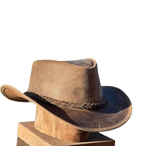 Men's Real Leather Cowboy Hats Australian Western Style Crazy Vintage Tan Outback Antique Hat with Shapeable Wide Brim (UK, Alpha, S, Brown)