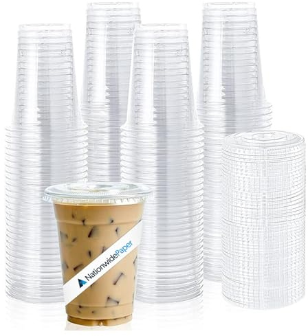 Nationwide Paper 12oz Crystal Clear Smoothie Cups with Flat lids, Perfect for Iced Coffee, Milkshake, Slurpee, Ice Cream, Razzle, Slush, Smoothy, Party's Pack of 50