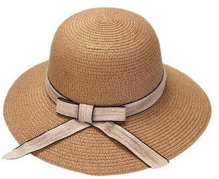 Little Girl Kids Foldable UV Protection Bowknot Wide Brim Floppy Beach Sun Visor Hats Breathable Summer Straw Hat (US, Alpha, One Size, Khaki)