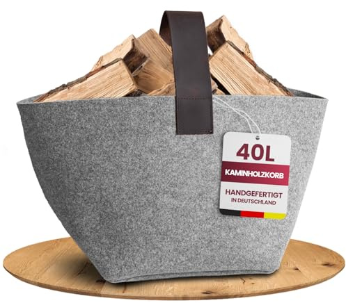 Panier à bois de cheminée design en feutre [40 l] – Fabriqué en Allemagne – Panier à bois de cheminée en feutre rPET upcycling avec anse en cuir véritable – Panier à bois de chauffage stable et stable