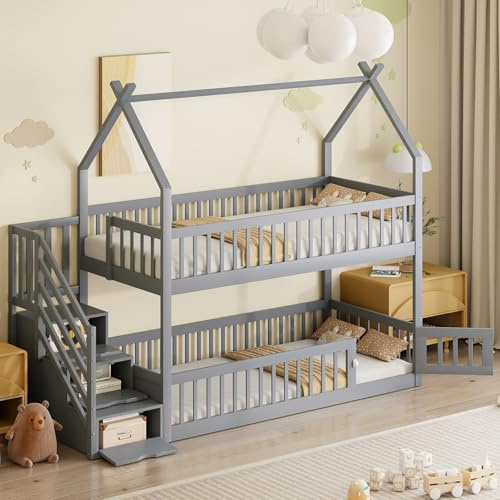 Sweiko Lit superposé pour Enfants 90 x 200 cm, Cadre de lit Simple en Bois Massif avec Toit, escalier sécurisé et tiroirs de Rangement (Grey)
