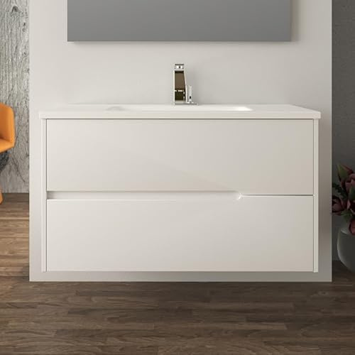 Yellowshop – Mobile Bagno Sospeso PETER 100 cm in MDF PVC con Lavabo in Ceramica, 2 Cassetti Soft-Close e Maniglie a Gola – Design Moderno – Bianco Opaco