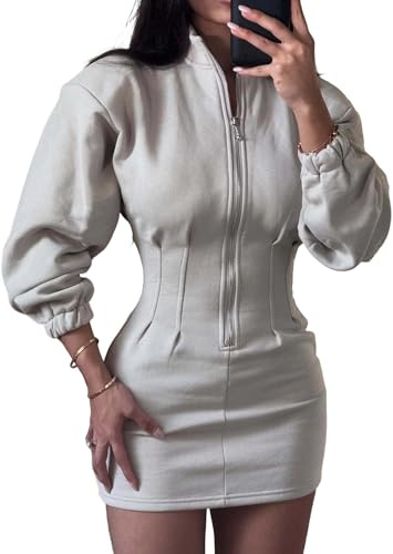 Trendig Sweatshirtklänning För Kvinnor Halsringad Långärmad Halv Dragkedja Med Magkontroll, Sexig Miniklänning För Utekvällar Och Nattklubb(Beige,L)