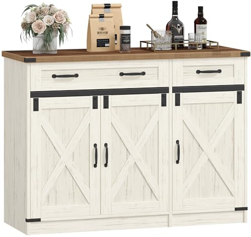 Hzuaneri Sideboard, Buffetschrank mit 2 Schublade, Küchenschrank mit 3 Türen, Verstellbare Einlegeböden, Landhausstil, Küche, Wohnzimmer, 40 x 108 x 80 cm, Vintageweiß-honigbraun, SC85814X
