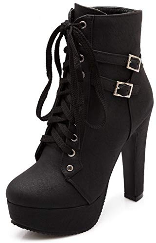 Susanny Women Autumn Round Toe Lace Up Ankle Buckle Chunky Drag High Heel Platform Black Boots 9