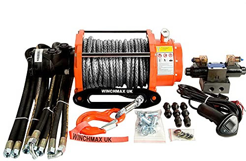 WINCHMAX Cabrestante hidráulico de 10000 LB (4536 kg). Cuerda Dyneema de 25 m x 10 mm. Gancho de competición. Sistema de Control de 12 V.
