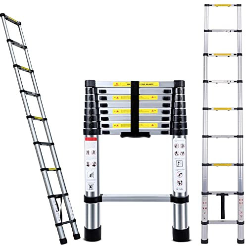 DICN Telescopic Ladders 2.6M 8.5FT Aluminium Lightweight Portable Extendable 9 Step 330lbs Capacity for Multipurpose Home Garden DIY Builder