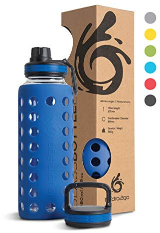 hydro2go Glas Trinkflasche mit Strohhalm 950ml – Silikonhülle, Auslaufsicher, BPA-frei, Spülmaschinenfest, 2 Deckel, Büro, Sport, Outdoor