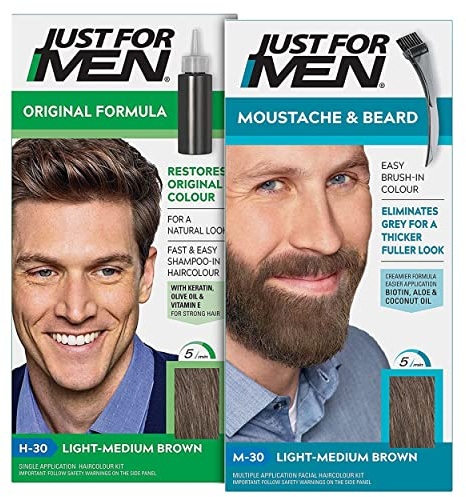 Just for Men Original Formula Light-Medium Brown Hair Dye, Natural Look – H30 & Just for Men Moustache & Beard Light-Medium Brown Dye – M30