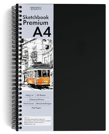 Bindomatic Agility Zeichenblock A4 – Skizzenbuch Premium mit Spiralbindung, 240g/m² Malblock & Sketchbook – Perfekt für Acryl, Tinte & Kohle – Hergestellt in Portugal, EU – 30 Blatt