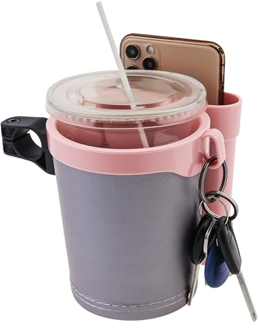 Tobefore 3-in-1 Bike Cup Holder with Phone Case and Key Hook -Water Bottle Holder for Walker/Wheelchair/Stroller/Scooter, Fits 0.87 Round Handlebar & 2.7 Cup Base (Gray Pink)