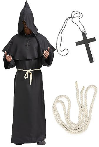 BIQIQI Disfraz de Monje Sacerdote Túnica Medieval Renacimiento Traje Fraile con capucha Túnica de monje con Cruz y Cuerda en la Cintura para Halloween Carnaval (XL)