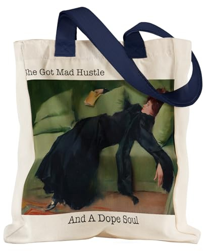 Miss Adola Aesthetic Heavy Canvas Tote Bag with Pocket for Women, Vintage Oil Painting Design Casual Sturdy Retro Artistic Cloth Cotton Gusseted Totes Bag with Pattern for Vacation, Shopping, Gym