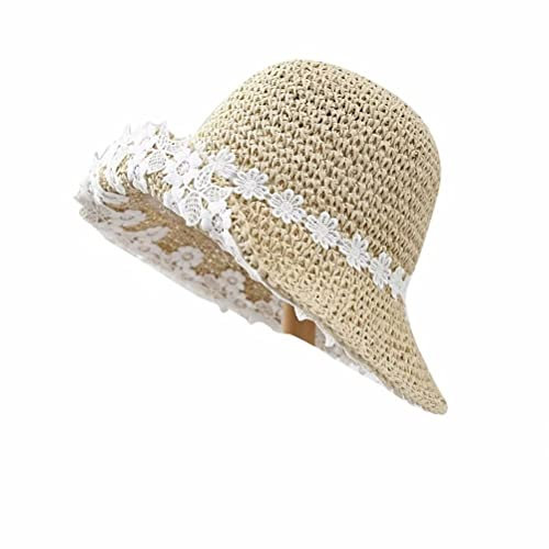 Plancholo Faltbarer Strandhut für Damen, breite Krempe, Strohhut mit Blumen für Outdoor-Reisehut, beige, Einheitsgröße