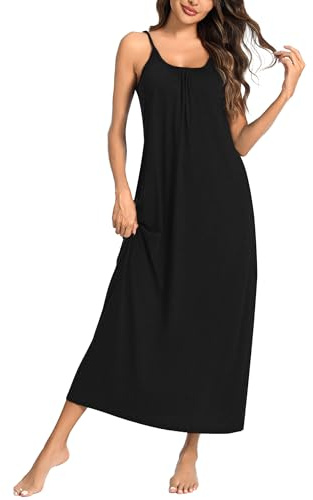 Uniexcosm Long Nightdress with Pockets Sleeveless Cotton Nighties | Cotton Nighties for Women Baggy Ladies Nightshirts Full Slip Spaghetti Strap Sexy Negligees Loose Fit Nightgown Nightwear