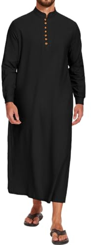 LVCBL Kaftan Uomo Lino Manica Lunga Thobe Thobe Uomo Lungo Musulmano Thobe Uomo Robe, Nero , M