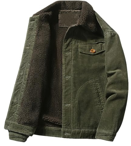 ANUFER Hommes Hiver Velours Côtelé Veste Doublé Sherpa Thermique Trucker Manteau SN0706223 Vert d'armée L
