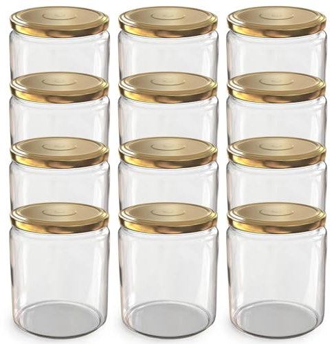 Oputec Lot de 12 bocaux de 405 ml avec couvercles à visser dorés TO 82 - Parfaits pour les confitures, les confitures et plus encore, grands bocaux avec couvercle, idéal comme pots à confiture et