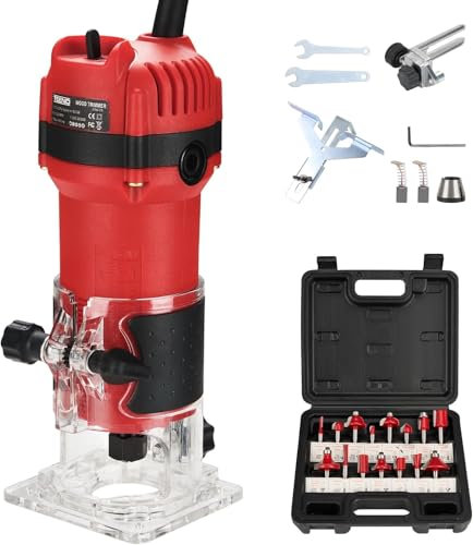 TEENO Fresadora De Madera Rebajadora Eléctrica 800W 31000 RPM CON EXTRACTOR DE POLVO, Fresadora EléCtrica Para Madera Con 15 piezas 1/4'' Alicates, Brocas de base fija de 6/6.35 mm