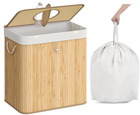 SONGMICS Pfandflaschen-Sammelbehälter, 120 L Pfandflaschen-Behälter, Bambus, Flaschensammler Leergut, Recycling-Behälter, mit Loch, Deckel, Innensack mit Griffen, Küche, naturbeige RRB012Y01