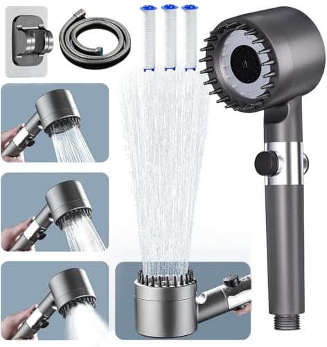 ButterFox Pommeau de Duche Haute Pression, Pommeau de Duche Economie Deau avec Tuyau Douche 1.5M et Support, Salle de Bain Réglable à 4 Modes, Pommeau de Douche Anti Calcaire Bouton D'arrêt D'eau