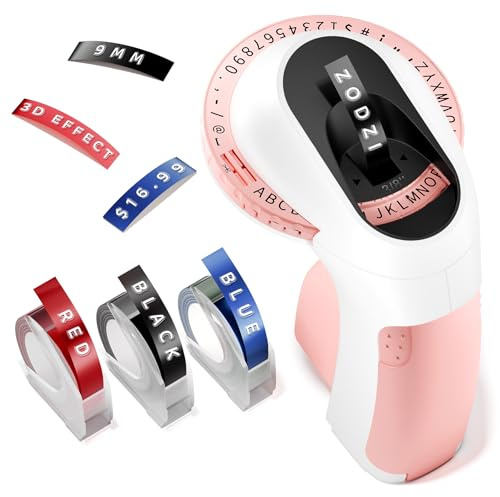 Zodzi Prägling etikettmaskin med band, vintage präglad etikettmaskin, retro etikettskapare, gammaldags manuell präglare med 3 rullar 3D-präglingstejp för nagelstickar/kontor/hem – rosa