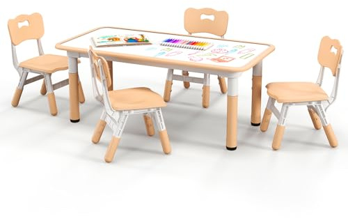 COSTWAY Set Tavolo e 4 Seide per Bambini, Scrivania Regolabile in Altezza con Piano Graffiti, Gambe Antiscivolo, Mobile Multifuzione con 4 Posti per Cameretta, Asilo e Scuola (Naturale)