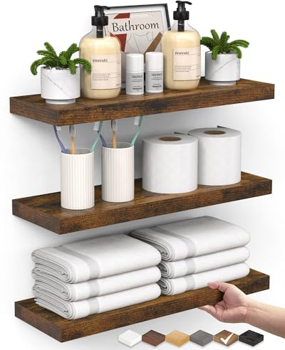 BAYKA Bathroom Floating Shelves for Wall Set of 3 - Rustic Brown Farmhouse Wood Shelves Over Toilet for Bedroom, Kitchen, or Living Room Decor Display, Storage for Plants, Toilet Paper or Bath Towels