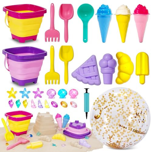 Sandspielzeug Set Für Mädchen 31Stück, Sandkasten Spielzeug Strandspielzeug Mit Falteimer, 16-Zoll-Wasserball, Nachtisch EIS Sandförmchen, Edelsteine, Sommerspielzeug Für Draußen, Mit Geschenkbox