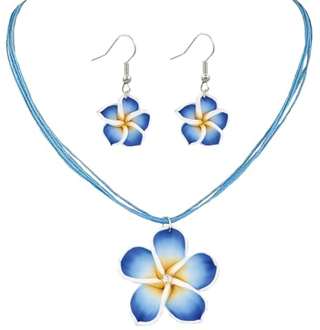 YUEXNKO Ensemble Bijoux Femme Fleurs, Collier Boucles D'Oreilles Fleurs, Femme Collier Boucles D'Oreilles Eté, pour Fête Hawaïenne Thème (Bleu)