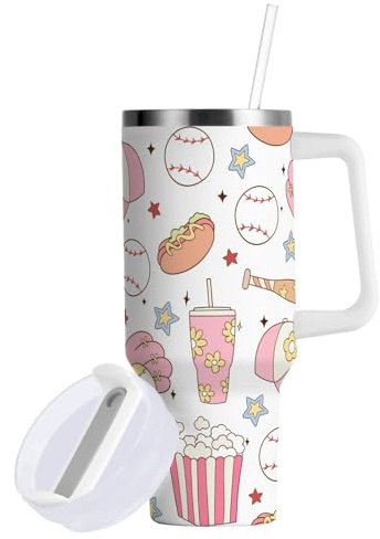 30 oz Tumbler with Straw & Handle - 2 in 1 Lids Leak Proof Tumblers - Large Insulated Stainless Steel Cup - BPA-Free Water Bottle Travel Metal Mug for Women Man,Cute Pink Baseball Popcorn Girly