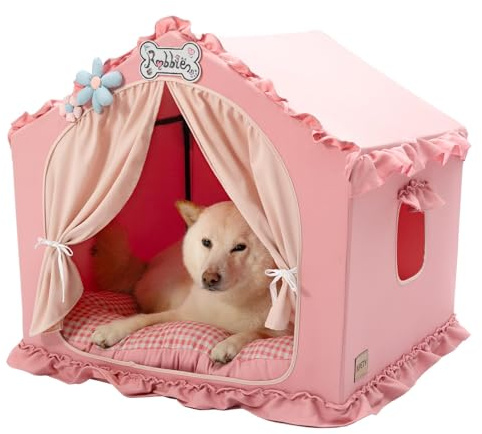 Jiupety Indoor Dog House with Frame, Cute Dog Tent Bed with Cover Cave, Breathable, Washable, and Foldable House, Suitable for 20-40 Lb, Large (25×25×25), Pink
