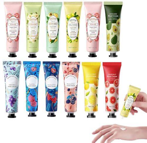 Handkräm-set, 12 st handkräm dam presentset, gåvor till kvinnor, mini handkrämer presentset, handkrämer julklappar, torra händer fot fuktkräm för alla hjärtans dag, jul
