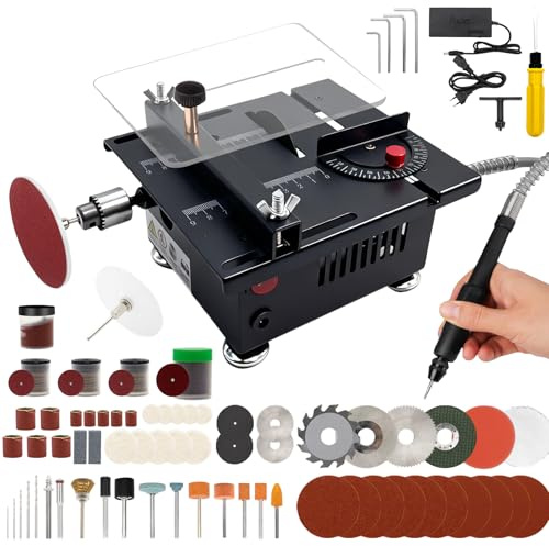 Mini Table Saw, Mini Multi Functional Table Saw for Crafts with Full Set of Accessories, 7-Speed Portable Table Saw for DIY, Cutting, Polishing, Engraving, Drilling for Woodworking, Plastic & Acrylic